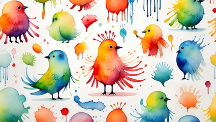 Playful watercolor characters and scenes with bright translucent colors, loose brush strokes, and whimsical paint splashes—perfect for storybooks and learning.
