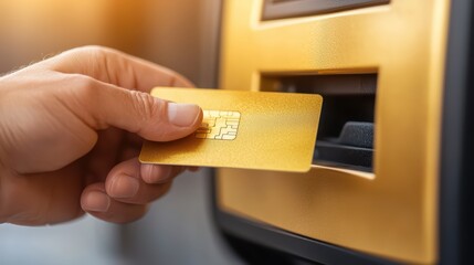 Hand Inserting Golden Credit Card into ATM Machine for Cash Withdrawal or Balance Inquiry at Sunset Background