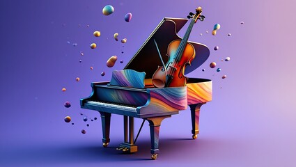Violin or piano illustrated with soft watercolor overlays, gentle color blends, flowing brush strokes, and scattered paint droplets for an elegant, harmonious look.