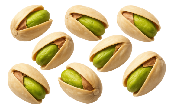 Open pistachio nuts with vibrant green kernels and beige shells.