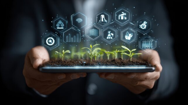 Holding a smartphone displaying plant growth alongside digital icons representing various smart farming technologies, this moment highlights the intersection of agriculture and technology