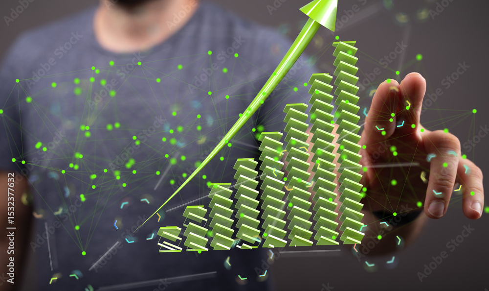Poster visual representation of business growth. shows upward trend with data points and connections.