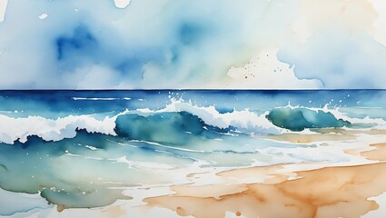 Calm ocean beach scene in soft blues and sandy beige watercolor washes with gentle brush layers and paint splatters evoking sea foam and gentle waves.