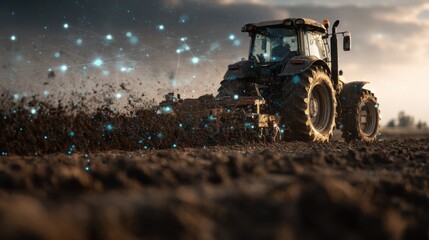 A tractor is deeply engaged in plowing a field under a dramatic sunset sky. The soil is being churned as digital effects create a futuristic atmosphere in the rural landscape