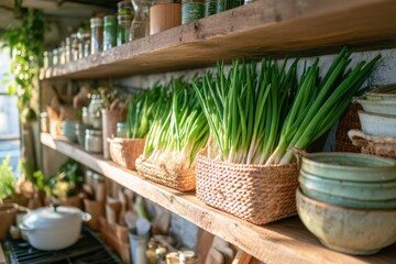 Vibrant green onions arranged on rustic shelves in a cozy kitchen with natural light