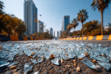 Shattered glass scattered across a city street amidst towering skyscrapers and palm trees