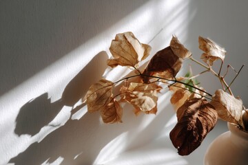 Dried Blooms Embrace Sunlight: Delicate dried flower and branch reach towards the sun, shadows dance across the background, a timeless embrace of light and nature.
