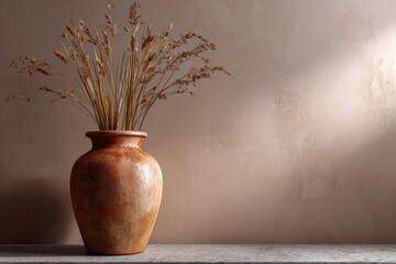 Wooden Vase with Dried Flowers: A rustic wooden vase, elegantly shaped, holds a bouquet of dried wildflowers, creating a serene and minimalist home decor still life. 