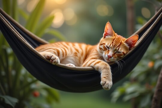 Orange tabby cat sleeping in hammock pet photography relaxing feline domestic animal outdoor garden rest 