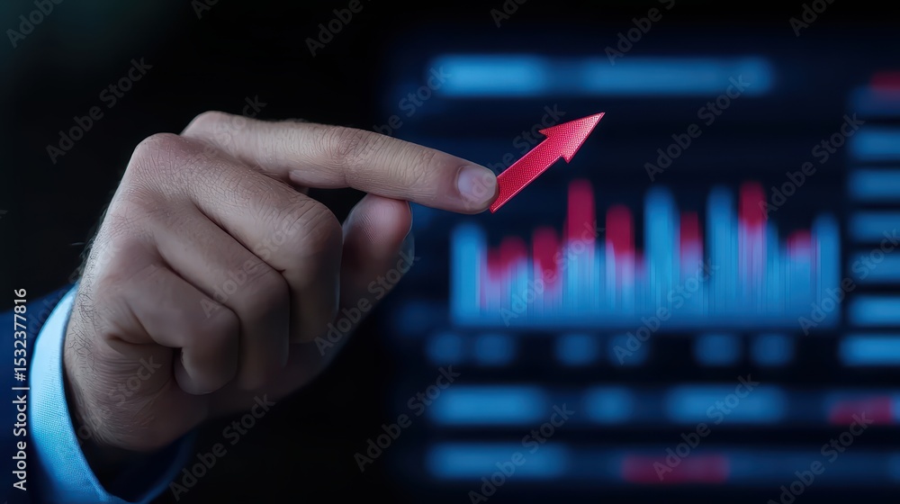 Aufkleber businessman hand pointing at rising chart with red arrow on digital graph background in office setti