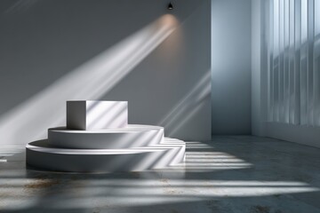 Geometric Stage of Spotlight: An empty product showcase of abstract geometric shapes basking in the beams of sunlight, this image is a symbol of minimalist elegance and architectural ingenuity.