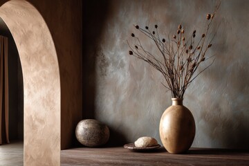 Wooden Vase with Dried Flowers:  A rustic wooden vase filled with dried flowers sits on a dark wood shelf against a textured wall, creating a serene and minimalist still life.