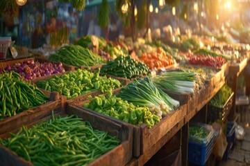 Fresh vegetables showcased at a vibrant market during golden hour in an urban area