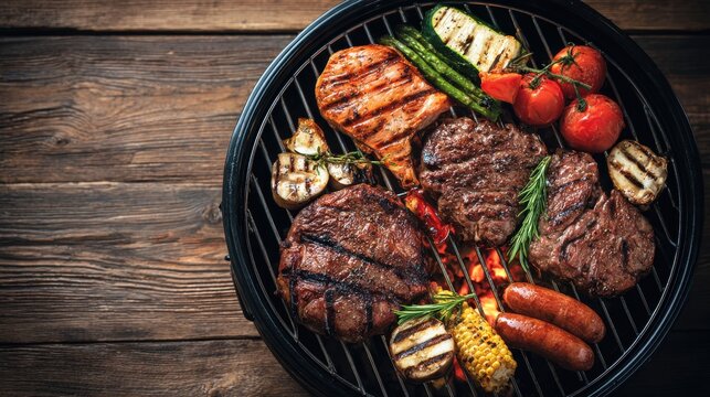 A seasonal backyard gathering showcases an assortment of grilled meats including steaks, sausages, and colorful vegetables, all expertly cooked on a barbecue grill under the evening sky