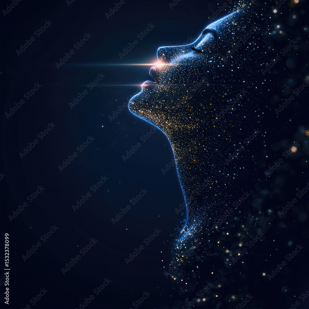 Poster digital female profile glowing particles cosmic futuristic side view abstract serene dark background