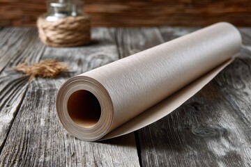 Paper Roll on a wooden surface: This image captures a rolled paper, perfectly smooth, resting on an aged wooden surface. The neutral tones of the paper are complemented by the warm hues of the wood.