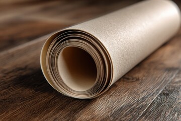 Rolled Paper Texture: A close-up shot showcases a rolled scroll of textured paper, resting on a rustic wooden surface, offering a sensory experience of tactile elements.