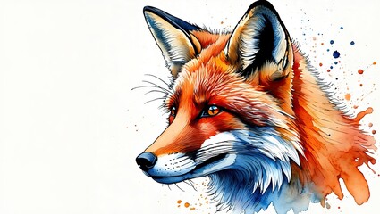 Detailed animal headshot with fine ink outlines and expressive watercolor strokes in vivid blues, oranges, and browns, enhanced by splattered paint accents.