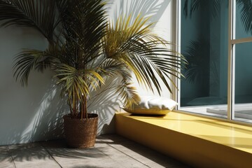 Serene Interior Sunlight: A potted palm graces the scene near a sunlit window and a soft pillow creating a moment of sun-drenched tranquility and inviting a sense of comfort, home, and peace.
