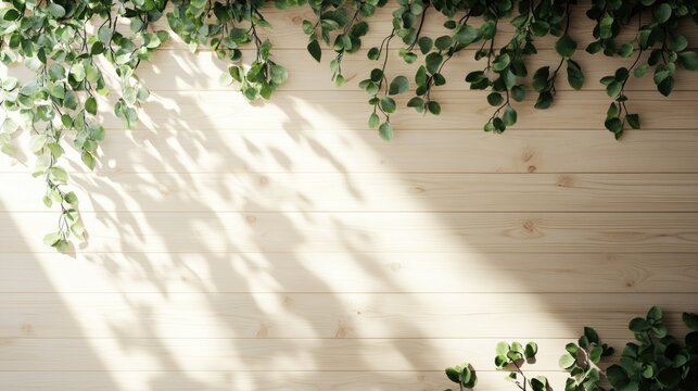Green leafy plants draped across a wooden textured surface