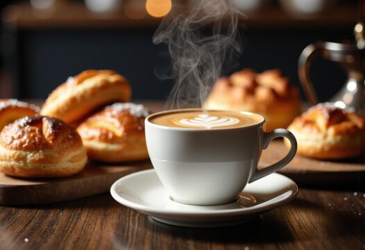 Hot coffee with steam served in a white cup on a wooden table with baked pastries in the background