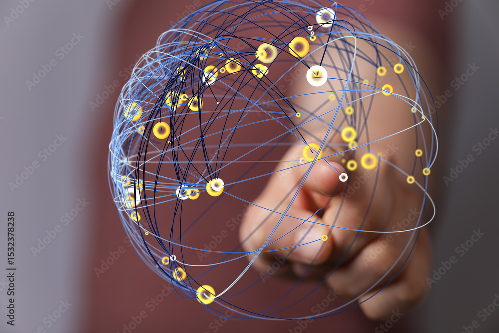 Aufkleber Abstract image of a hand interacting with a digital network sphere.  Represents connection, technology, and global communication.