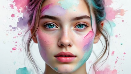 Dreamy portrait of a young woman with soft pastel watercolor washes blending into her hair and skin, delicate brush strokes, and subtle splatters for an ethereal look.