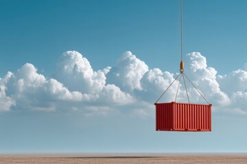 Red shipping container suspended from a crane against a clear blue sky with fluffy white clouds