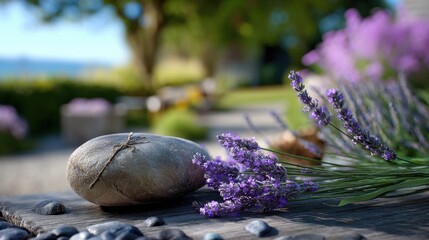 Serene Lavender Garden: A close-up view of a serene outdoor scene featuring lavender flowers and a weathered stone, evoking peace and tranquility.