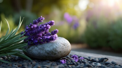 Zen Lavender Garden: A calming scene unfolds featuring delicate lavender blossoms resting serenely atop a smooth, weathered stone, all set against the backdrop of a verdant, sun-dappled garden.