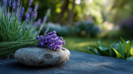Lavender Serenity: A close-up of fragrant lavender blossoms rests on a weathered stone amidst a tranquil garden, capturing a scene of peace, aroma and natural beauty.