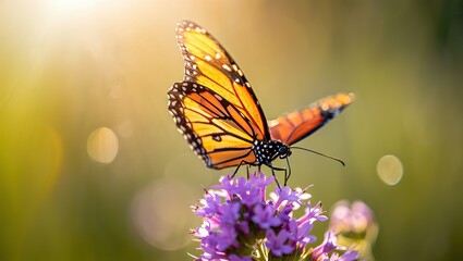 Fototapeta premium Close-up of a butterfly resting on wildflowers, its wings softly illuminated with a translucent glow, surrounded by gently drifting sparkling light orbs.