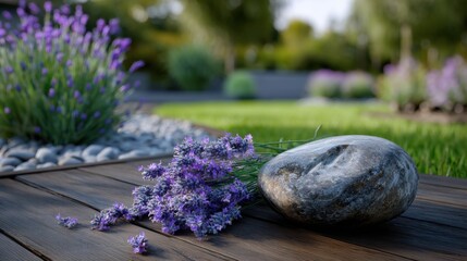 Zen Garden Serenity: A harmonious composition of lavender flowers and a smooth stone on a wooden surface. Evoking tranquility and the beauty of nature in a meticulously landscaped setting.