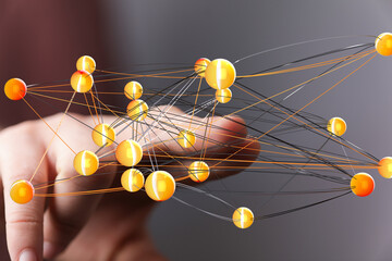 Abstract image of interconnected nodes, representing global networks, data flow, and digital...