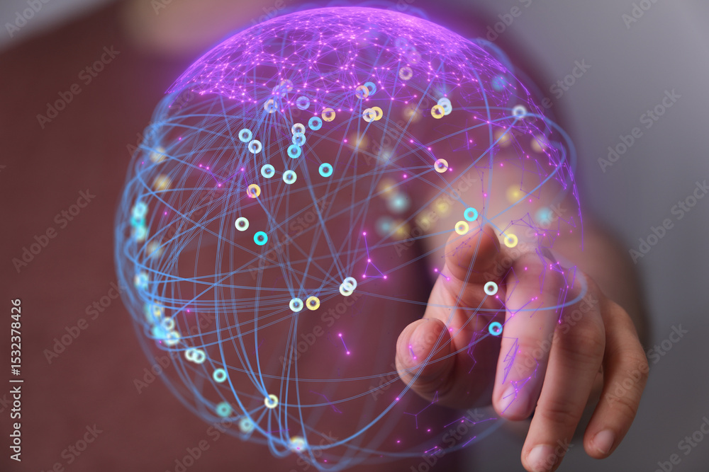 Poster Abstract image of a hand interacting with a glowing network sphere, representing global connectivity and data.