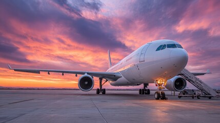 Obraz premium An airplane stands on the tarmac, illuminated by the soft glow of the sunset. Vibrant colors fill the sky, creating a picturesque backdrop for the aircraft preparing for evening flights