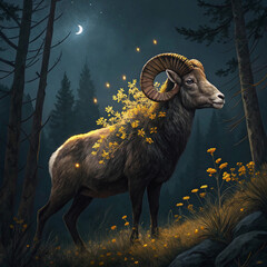 Majestic Ram with Flourishing Golden Flowers and Enigmatic Horns in a Dark Forest Setting