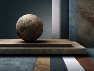 Earthly sphere on platforms: A stone sphere rests atop a series of platforms, showcasing a raw, textured surface against an array of neutral-toned backdrop.