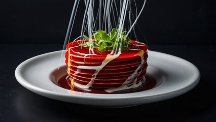 Stacked Red Pancakes Garnished with Greens and Sugar Threads on White Plate