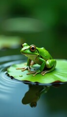 Naklejka premium Green frog leaping onto lily pad, ripples spreading , reptile, peaceful