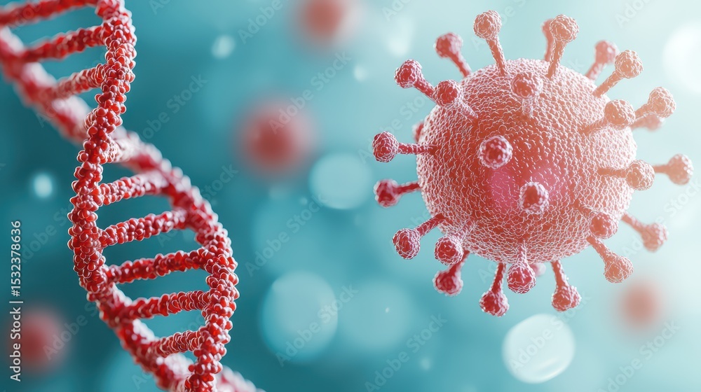 Poster microscopic representation of dna helix and virus particle with colorful background for scientific i