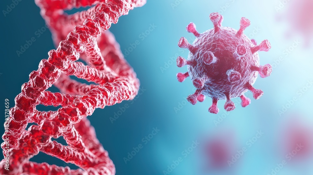 Poster close-up view of dna strand and virus particle under microscopic observation in a scientific backgro