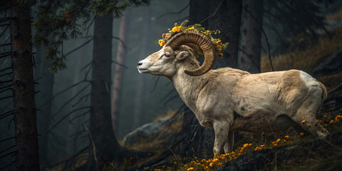 Majestic Ram with Flourishing Golden Flowers and Enigmatic Horns in a Dark Forest Setting