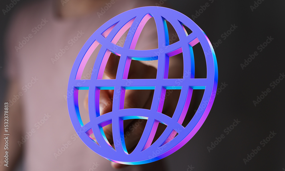 Poster Abstract image of a hand holding a vibrant 3D globe icon, symbolizing global connectivity and networking.
