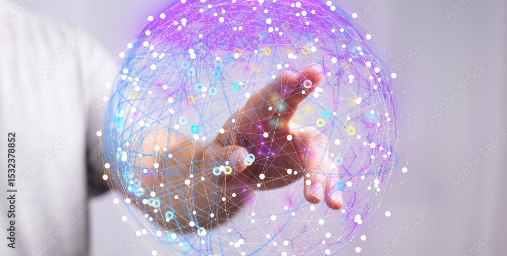 Poster hand interacting with a glowing digital sphere, representing global network connections and data.