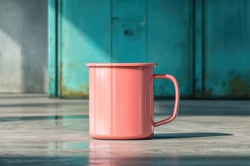 Modern pink metal mug on a concrete floor with turquoise wall in a well-lit room showcasing minimalist design