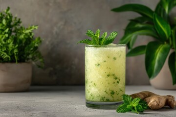 Refreshing mint and ginger drink in a glass with vibrant green plants in a stylish kitchen