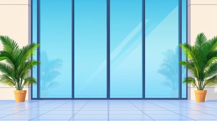 Bright Modern Interior with Large Glass Windows and Green Plants in Pot against a Calm Blue Background