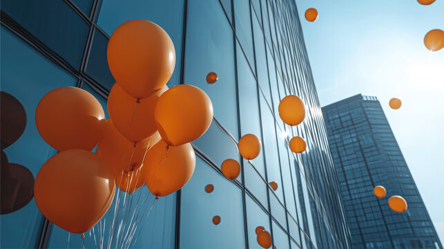 Bright orange balloon cluster floats near modern glass building, urban cityscape, cheerful and uplifting atmosphere