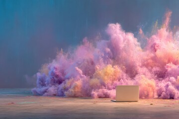 Colorful powder explosion surrounds a laptop creating a vibrant artistic atmosphere during a creative moment